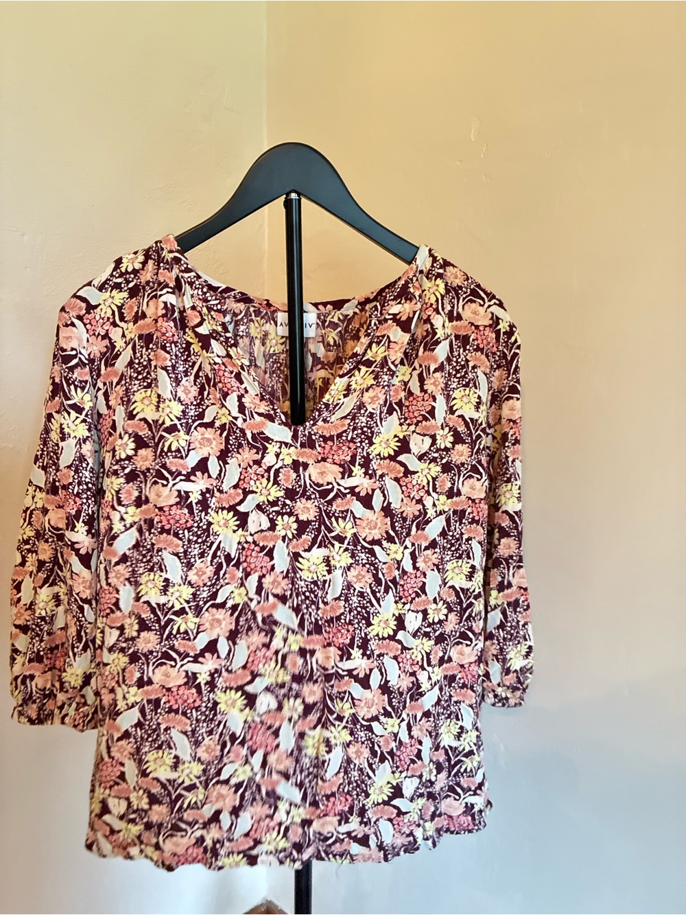 Ava & Viv Burgundy Floral V-Neck Blouse with Pink and Cream Accents